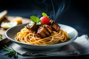 spaghetti avec Viande et des fraises sur une plaque. généré par ai photo