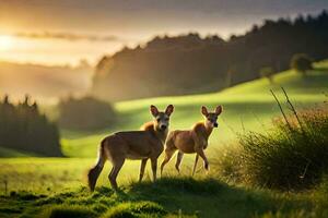 deux cerf sont permanent dans le herbe à le coucher du soleil. généré par ai photo