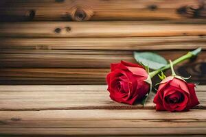 deux rouge des roses sur une en bois tableau. généré par ai photo