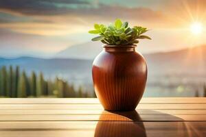 une mis en pot plante est assis sur une en bois table avec le Soleil dans le Contexte. généré par ai photo