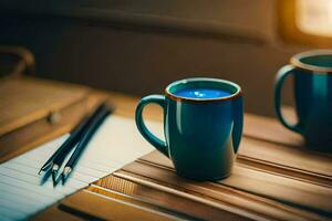 deux bleu café tasses asseoir sur une en bois tableau. généré par ai photo