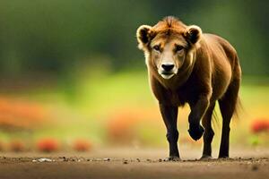 une marron Lion en marchant à travers une champ. généré par ai photo