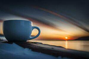 une café tasse est assis sur une en bois table dans de face de une le coucher du soleil. généré par ai photo