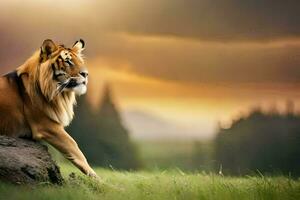 une tigre séance sur une Roche dans le milieu de une champ. généré par ai photo