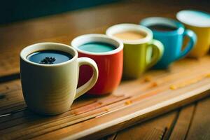 une rangée de coloré café tasses sur une en bois plateau. généré par ai photo