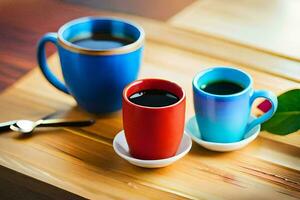 deux café tasses avec noir et bleu liquide dans eux. généré par ai photo