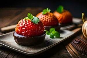 Trois des fraises sur une assiette avec menthe feuilles. généré par ai photo