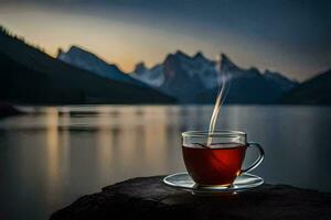 une tasse de thé sur le rochers. généré par ai photo