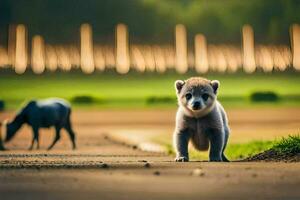 une bébé polaire ours en marchant sur le route. généré par ai photo