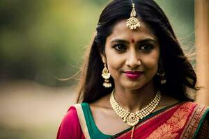 une magnifique Indien femme dans une rouge et vert sari. généré par ai photo