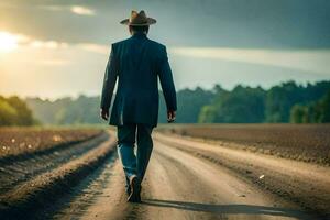 une homme dans une costume et chapeau en marchant vers le bas une saleté route. généré par ai photo