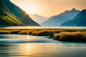 le Soleil est réglage plus de une rivière et montagnes. généré par ai photo