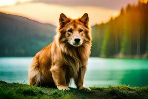 une chien séance sur le herbe près une lac. généré par ai photo