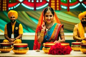 une la mariée dans traditionnel Indien tenue est assis à une table avec sa famille. généré par ai photo