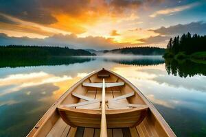 une bateau est flottant sur une Lac à le coucher du soleil. généré par ai photo