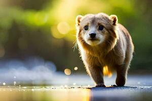 une petit animal en marchant à travers le l'eau. généré par ai photo