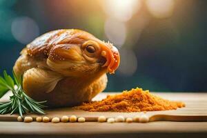 une poulet est séance sur Haut de une en bois Coupe planche. généré par ai photo