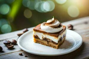 une tranche de gâteau avec fouetté crème et café haricots. généré par ai photo