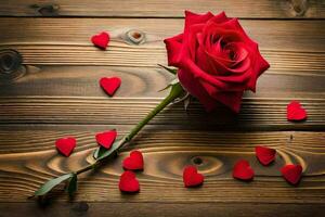 le Rose est entouré par cœurs sur une en bois Contexte. généré par ai photo