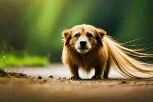 une chien avec longue cheveux en marchant sur le route. généré par ai photo