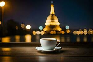 une tasse de café sur le table dans de face de le Eiffel la tour. généré par ai photo