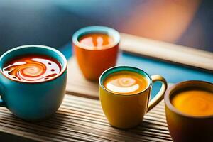 quatre coloré tasses de café sur une en bois plateau. généré par ai photo