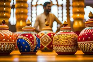 une homme est à la recherche à une rangée de coloré vases. généré par ai photo