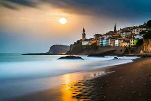 le Soleil ensembles plus de le plage et Maisons dans le Contexte. généré par ai photo