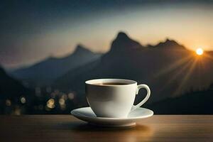 une tasse de café sur une table dans de face de montagnes. généré par ai photo