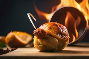 une pièce de Viande sur une en bois table avec une flamme dans le Contexte. généré par ai photo