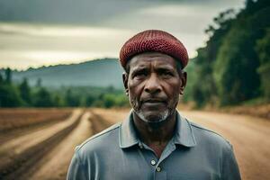 une homme dans une rouge chapeau des stands sur une saleté route. généré par ai photo