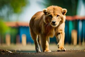 une Lion en marchant sur une saleté route. généré par ai photo