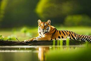 une tigre est séance sur une Journal dans le l'eau. généré par ai photo