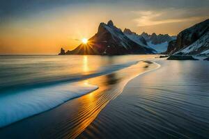 le Soleil monte plus de une plage et montagnes. généré par ai photo