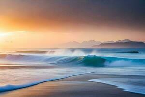 une magnifique le coucher du soleil plus de le océan avec vagues s'écraser dans le rive. généré par ai photo