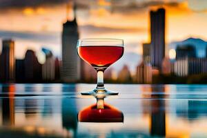 une verre de rouge du vin sur une table dans de face de une ville ligne d'horizon. généré par ai photo