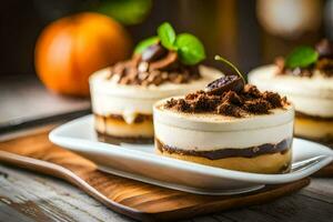 Trois desserts sur une assiette avec une citrouille. généré par ai photo