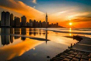 le Soleil ensembles plus de le ville horizon dans Dubai. généré par ai photo