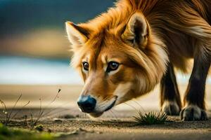 une chien en marchant sur le plage. généré par ai photo