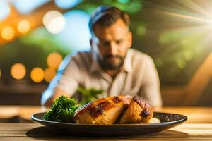 une homme est assis à une table avec une assiette de aliments. généré par ai photo