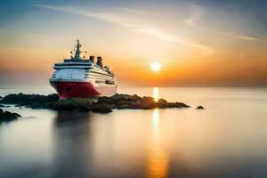 une croisière navire dans le océan à le coucher du soleil. généré par ai photo