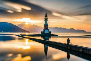 une phare des stands dans le milieu de une Lac à le coucher du soleil. généré par ai photo