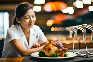 une femme séance à une table avec une rôti poulet. généré par ai photo