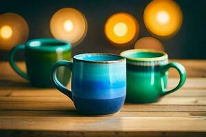 Trois coloré café des tasses sur une en bois tableau. généré par ai photo