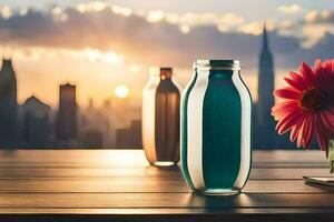 une bouteille de l'eau et une fleur sur une table avec une paysage urbain dans le Contexte. généré par ai photo