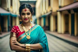 une femme dans une traditionnel sari pose pour une photo. généré par ai photo