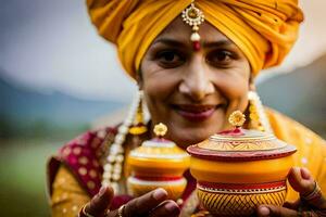 une femme dans une Jaune turban détient deux petit marmites. généré par ai photo