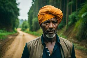 une homme portant un Orange turban sur une saleté route. généré par ai photo