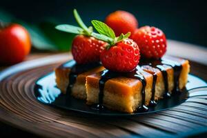 deux pièces de gâteau avec des fraises et Chocolat sauce. généré par ai photo