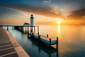 une phare des stands sur le l'eau à le coucher du soleil. généré par ai photo